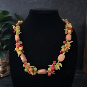 Vintage Fruit Salad Necklace, Plastic Fruit, Wooden Beads, Retro 1950s-60s